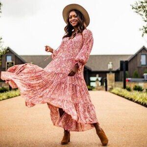 NWT o.p.t. One Pretty Time Orange Pink Long Sleeve Ruffled Midi Dress XS